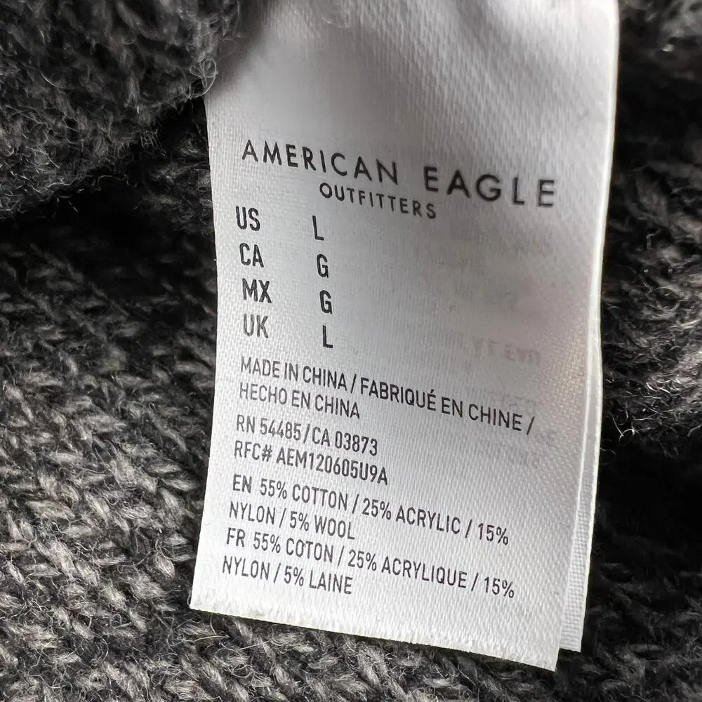 American Eagle Heathered Gray Shawl Collar Sweater Cable Knit Accents Size L